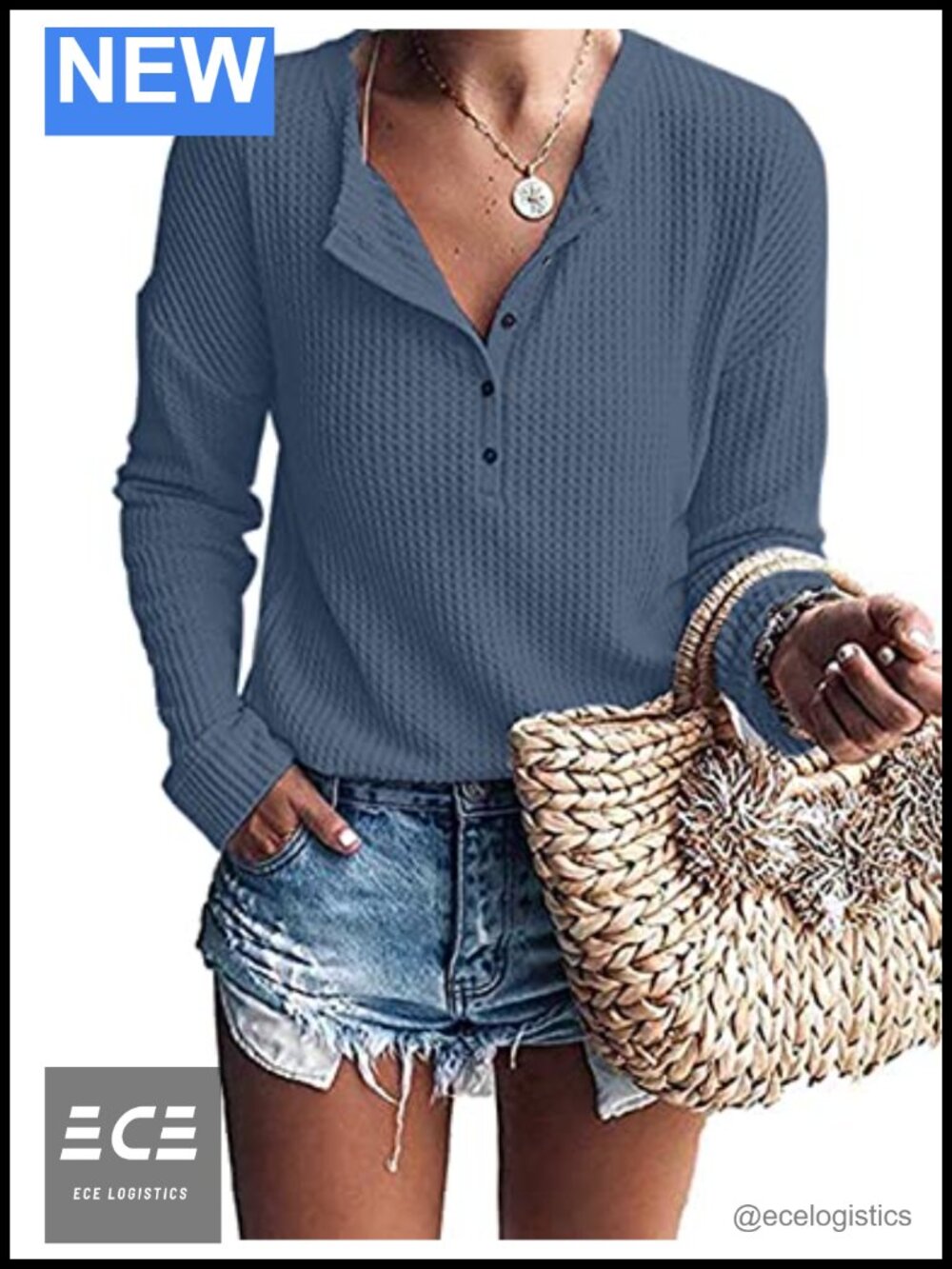 Waffle Knit Tunic Top Long Sleeve Henley Button Down Loose Fit Casual